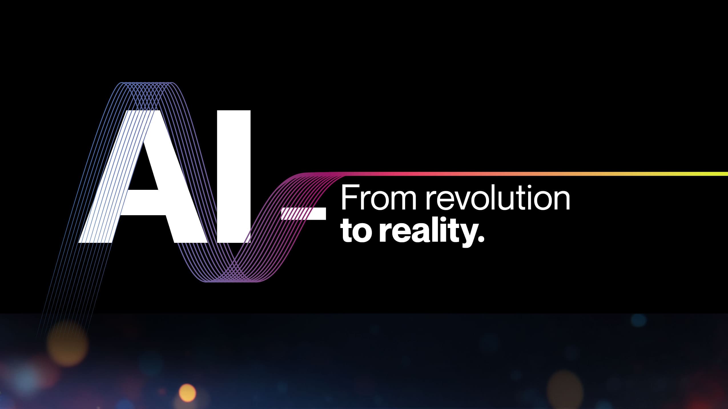 AI Webinar logo: "AI – From revolution to reality." Graphic with color gradient on black background, symbolizing progress and innovation.