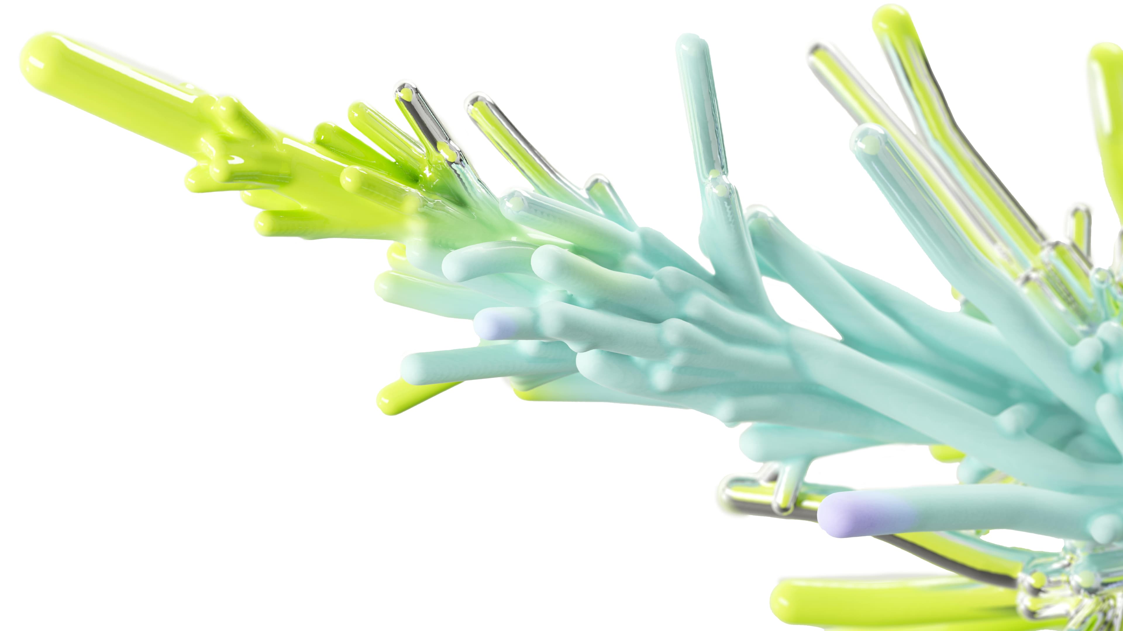 Abstrakte 3D-gerenderte Struktur mit ineinander verwobenen, transluzenten und pastellfarbenen Elementen.