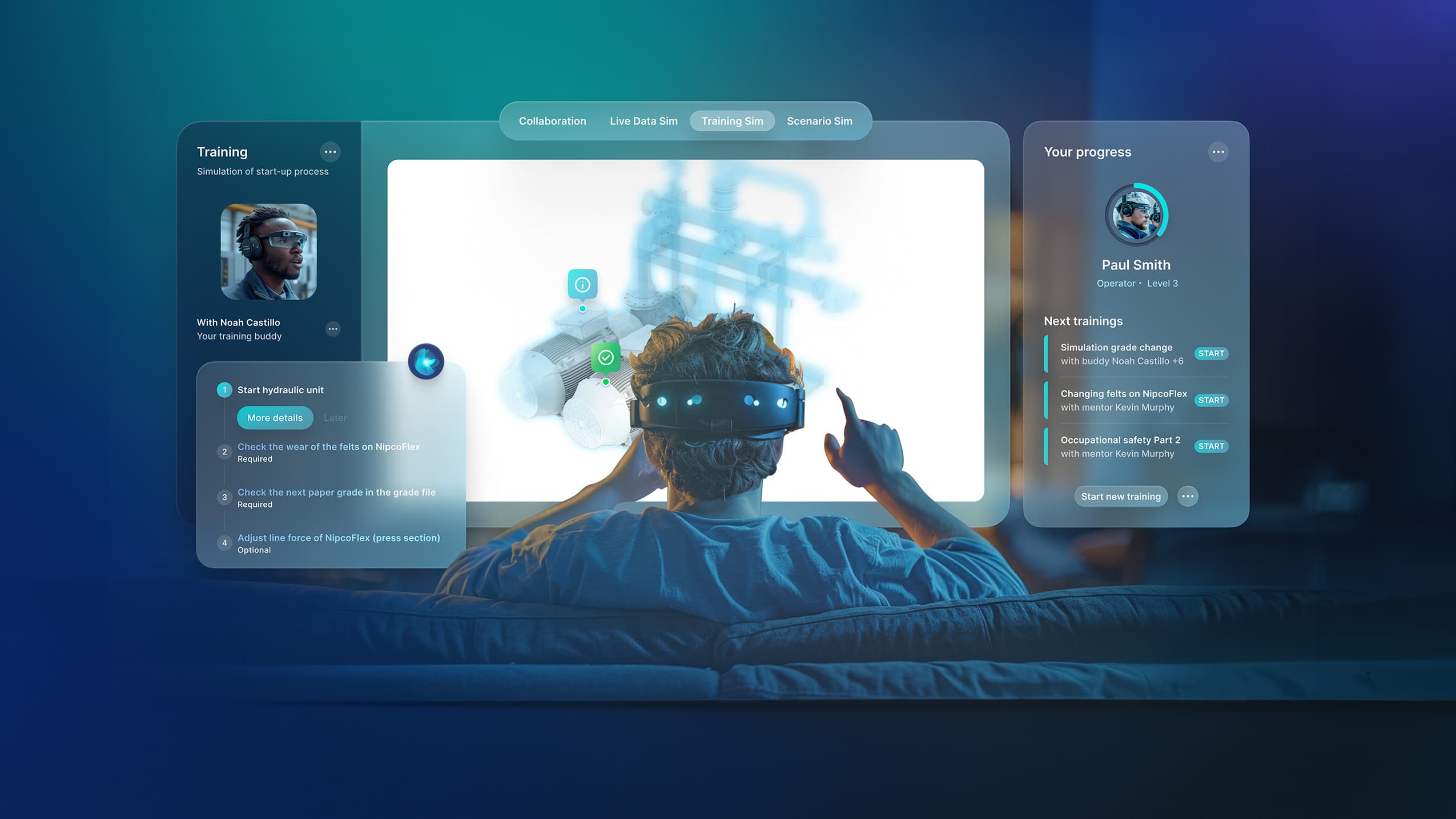 Person nutzt ein VR-Headset für eine interaktive digitale Trainingssession mit Echtzeit-Fortschrittsverfolgung.