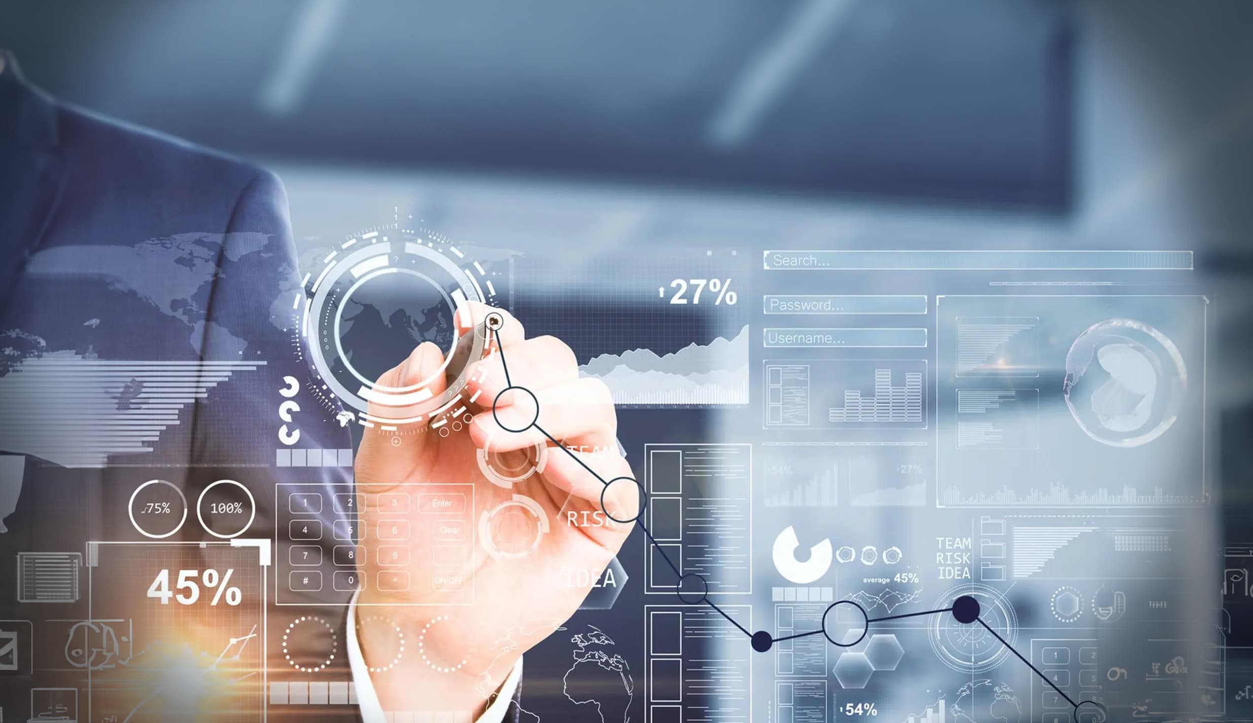 Hand drawing data visualizations on a transparent digital interface with futuristic analytics elements.