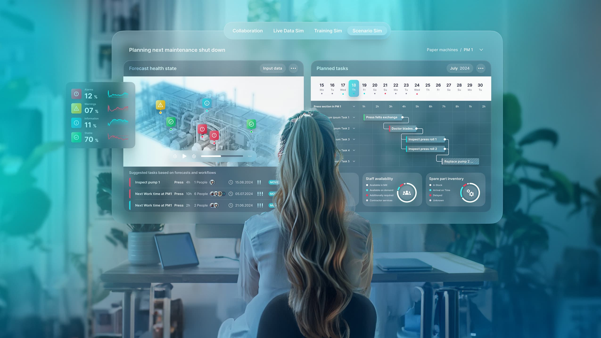 Frau arbeitet mit einer futuristischen digitalen Benutzeroberfläche, die Industriedaten und Workflow-Management anzeigt.