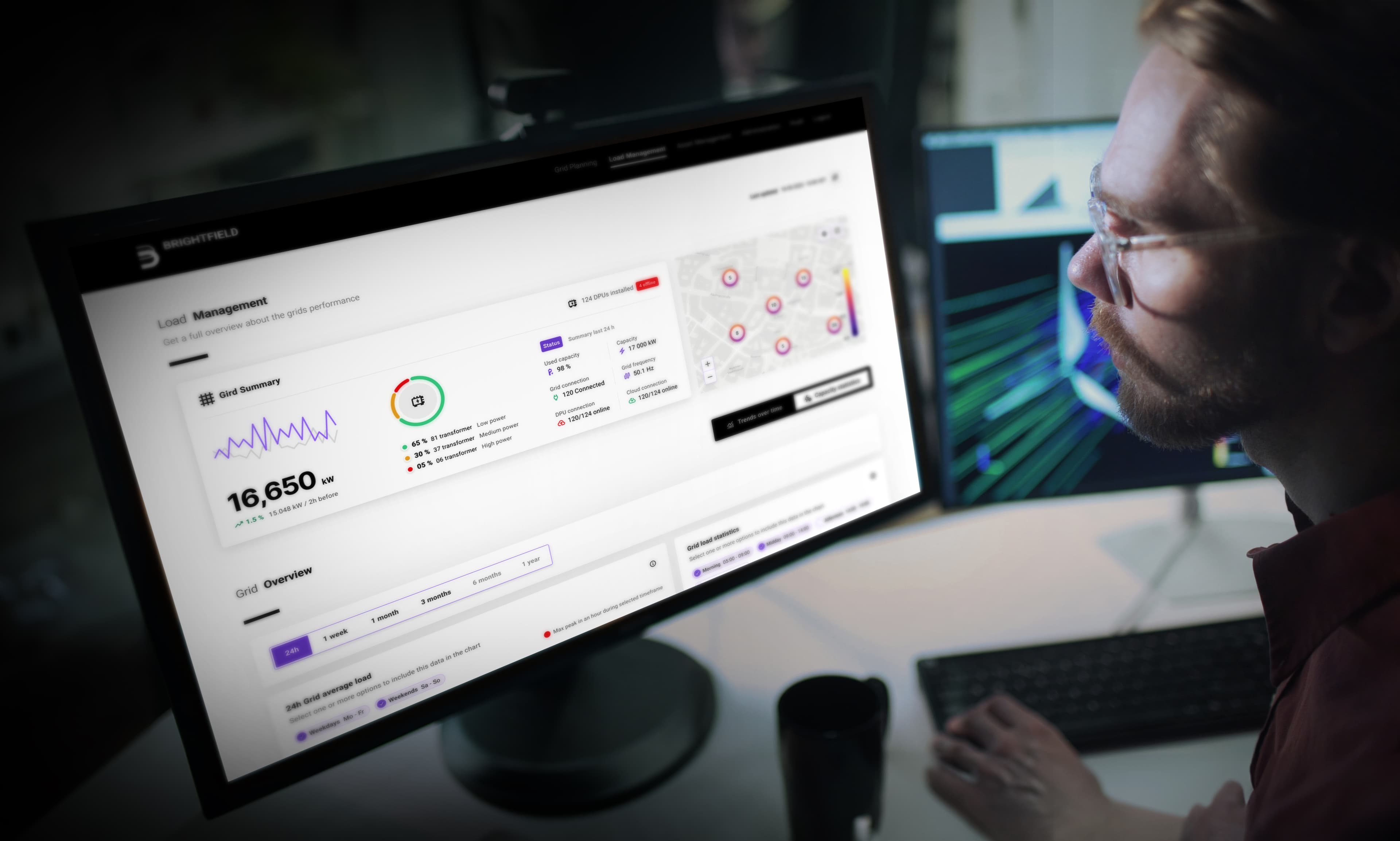 Man analyzing workforce data on a computer screen displaying dashboards, statistics, and interactive maps.